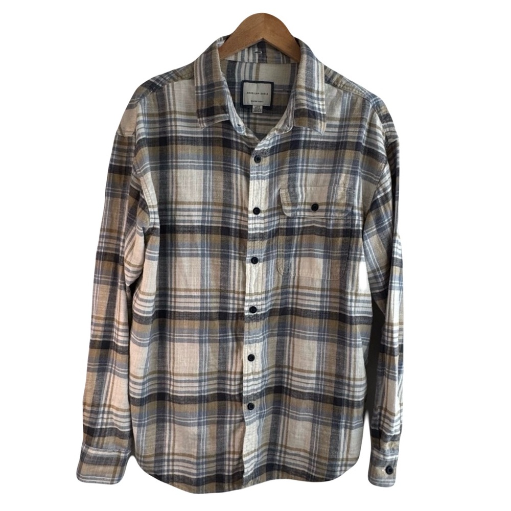 American  Eagle  Super Soft Large   Blue   Brown  Plaid  Flannel  Shirt  Casual